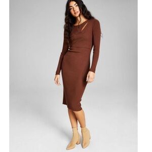 And Now This Ribbed CutOut Brown Long-Sleeve Dress